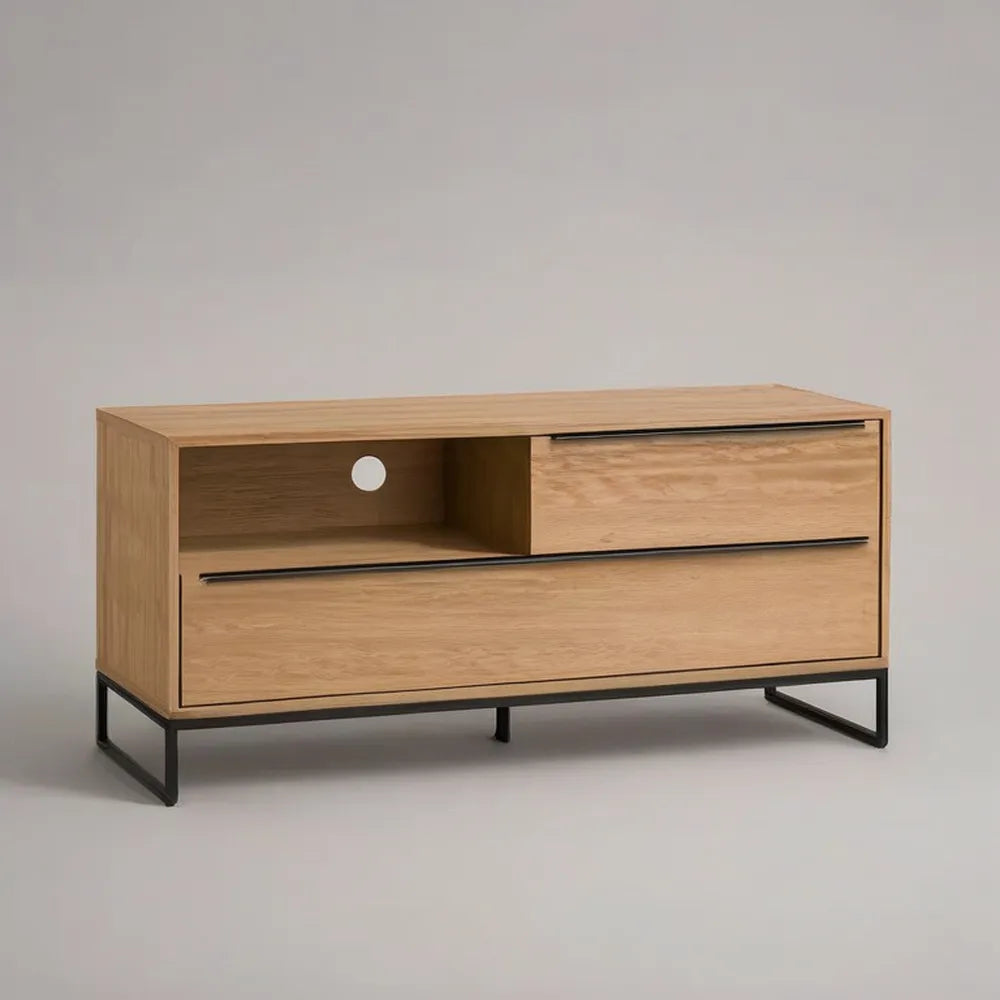 Szafka do niskich telewizorów 180 x 40 x 50 cm w MDF skutkuje dębem naturalnym z szufladą i otwartym przedziałem