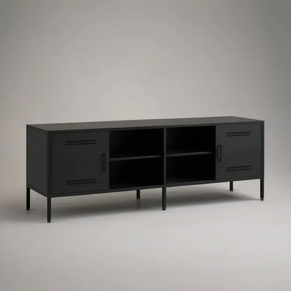 Szafka do telewizora z czarny metalem 180 x 40 x 55 cm z drzwiami i otwartymi przegródkami