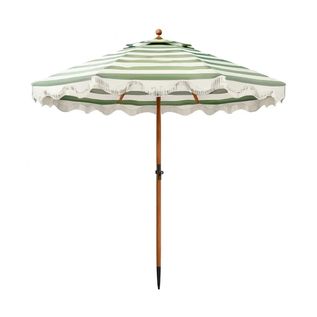 Parasol z drewnianym łodygą Ø 200 cm poliester paski okrągłe zielone białe