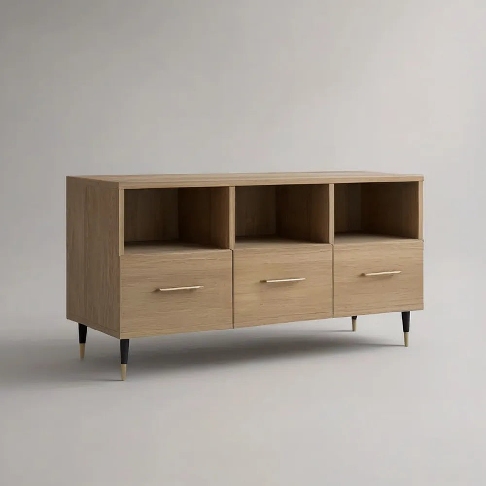 Szafka telewizyjna 180x40x60 cm w MDF z naturalnym efektem dębu z trzema szufladami i otwartymi przegródkami