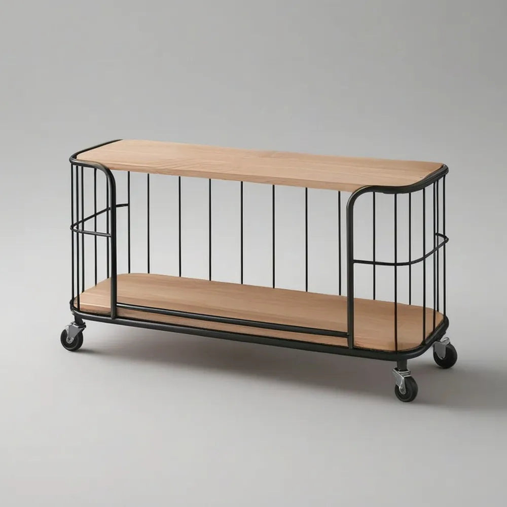 Szafka TV 140 x 40 x 55 cm w naturalnym dębie z konstrukcją ze stali czarnej i kół