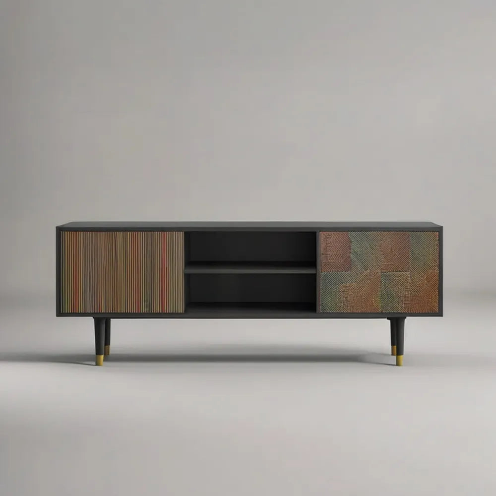 Szafka TV 180 x 40 x 55 cm w kolorze czarnym MDF z dekoracyjnymi drzwiami skutkuje drewnem i otwartym przedziałem