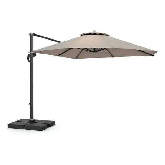 Parasol ogrodowy, wspornikowy parasol 300 x 300 cm beżowy z czarnym aluminium struktury i podstawy zawarte
