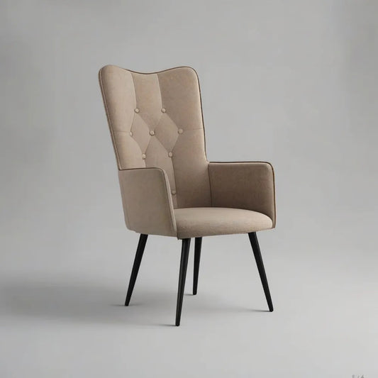 Fotel, beżowy tapicerowany fotel w salonie z wysokim oparciem kołnierzowym i czarne metalowe nogi 65 x 70 x 105 cm