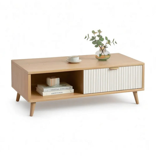 Stolik kawowy, Stół do kawy 110 x 55 x 40 cm z miejscem do przechowywania MDF w beżowej / białej / drewnianej optyce
