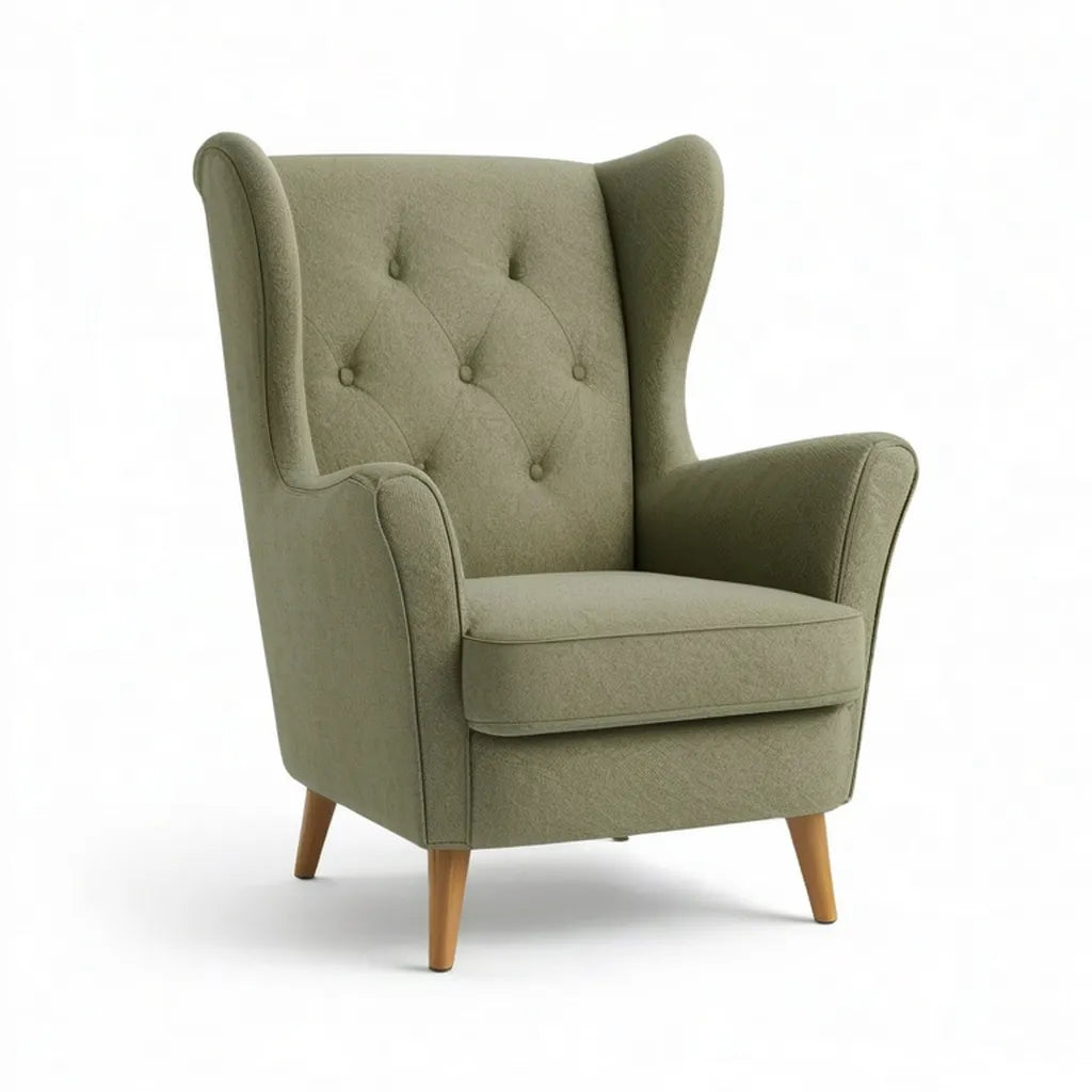 fotel bergère z wysokim oparciem w zielonym poliestrze oliwkowym 76 x 85 x 105 cm