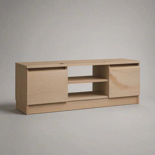 Szafka telewizyjna 180x40x50 cm w MDF z dębowymi drzwiami naturalnymi i otwartymi przegródkami