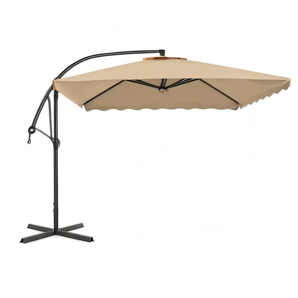Parasol 300 x 300 cm beżowy z światłami świetlnymi, aluminiową ramą i korbą