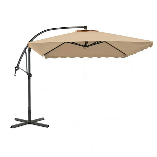 Parasol 300 x 300 cm beżowy z światłami świetlnymi, aluminiową ramą i korbą