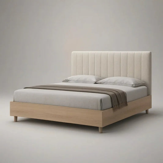 Łóżko Dwuosobowy Kontener 160 x 200 cm w dębowym drewnie z tapicerowaną deską tapicerowaną z Beige