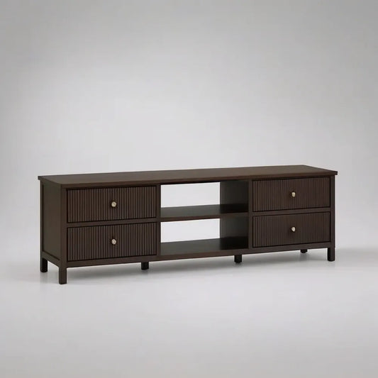Szafka RTV, Salon Szafka TV 180x40x55 cm w drewnie z ciemnobrązowym efektem orzecha włoskiego z szufladami i otwartymi półkami