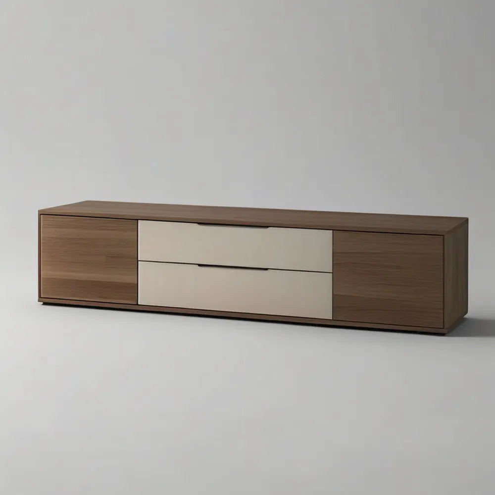 Szafka TV niska 200 x 40 x 45 cm MDF efekt brązowy orzech z drzwiami i szufladami światło beżowe
