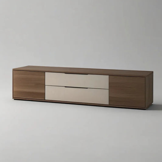 Szafka TV niska 200 x 40 x 45 cm MDF efekt brązowy orzech z drzwiami i szufladami światło beżowe