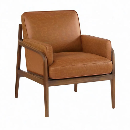 Fotel, Salon fotel tapicerowany ze skóry syntetycznej PU brązowy koniak z litą konstrukcją drewna hevea 76 x 82 x 86 cm