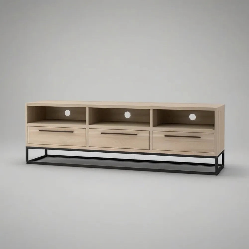 Szafka RTV, Drewniany telewizor z efektem lekkiego dębu 180 x 40 x 55 cm z szufladami i otwartymi przegródkami