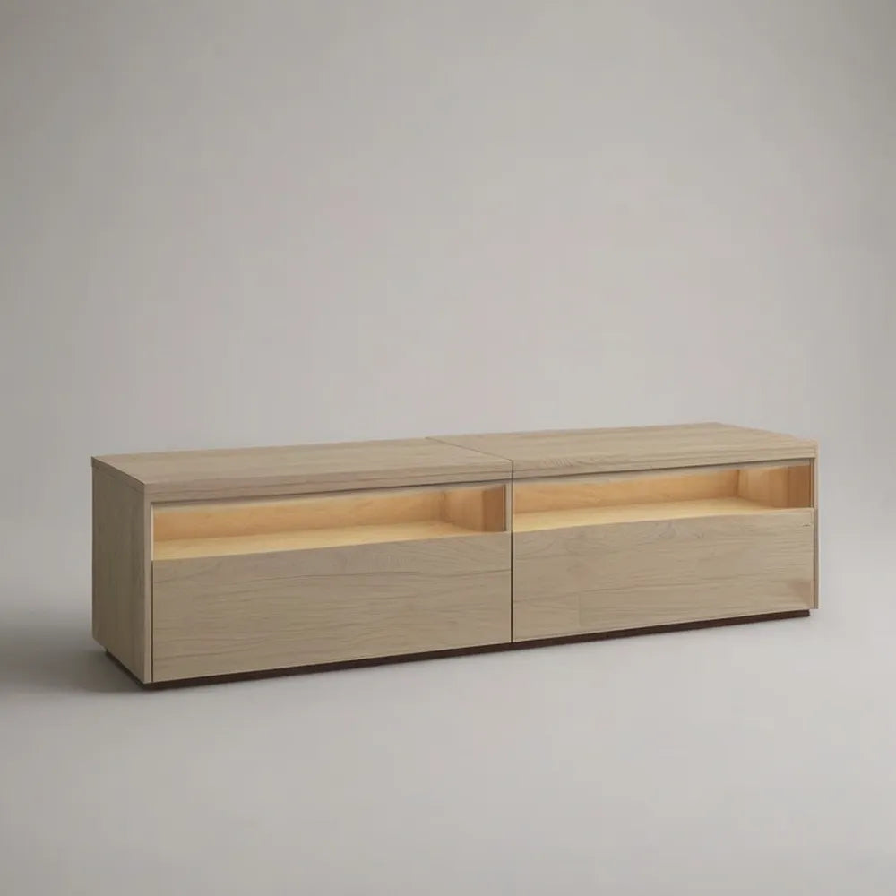 Szafka TV 220 x 40 x 45 cm efekt MDF z dębu lekkiego z szufladami i otwartymi przegródkami