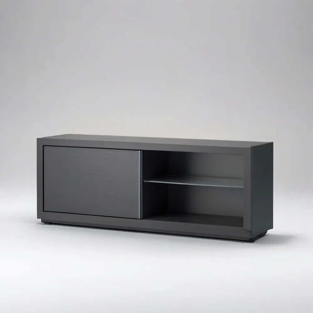 Szafka RTV, TV salon 160x40x45 cm matowy czarny z drzwiami i półką ze szkła