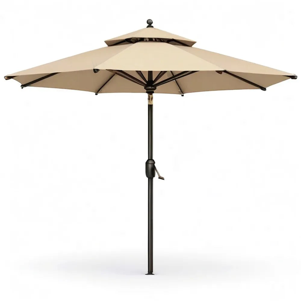 Parasol 300 cm beżowy z centralnym uchwytem, aluminiową ramą i korbą