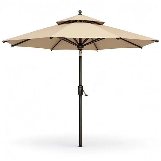 Parasol 300 cm beżowy z centralnym uchwytem, aluminiową ramą i korbą