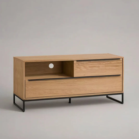 Szafka do niskich telewizorów 180 x 40 x 50 cm w MDF skutkuje dębem naturalnym z szufladą i otwartym przedziałem