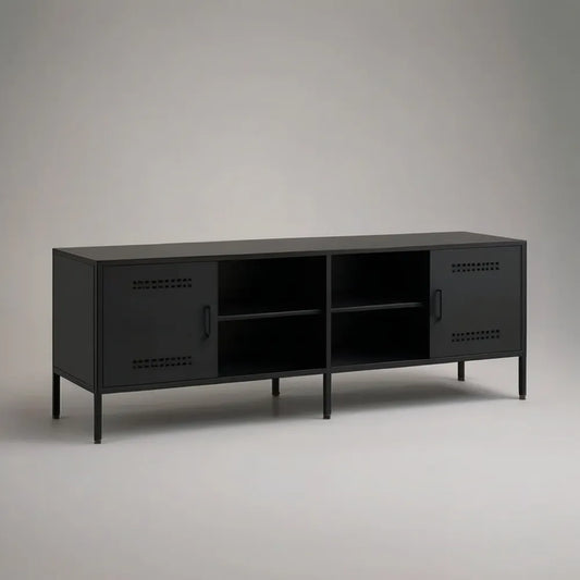 Szafka do telewizora z czarny metalem 180 x 40 x 55 cm z drzwiami i otwartymi przegródkami