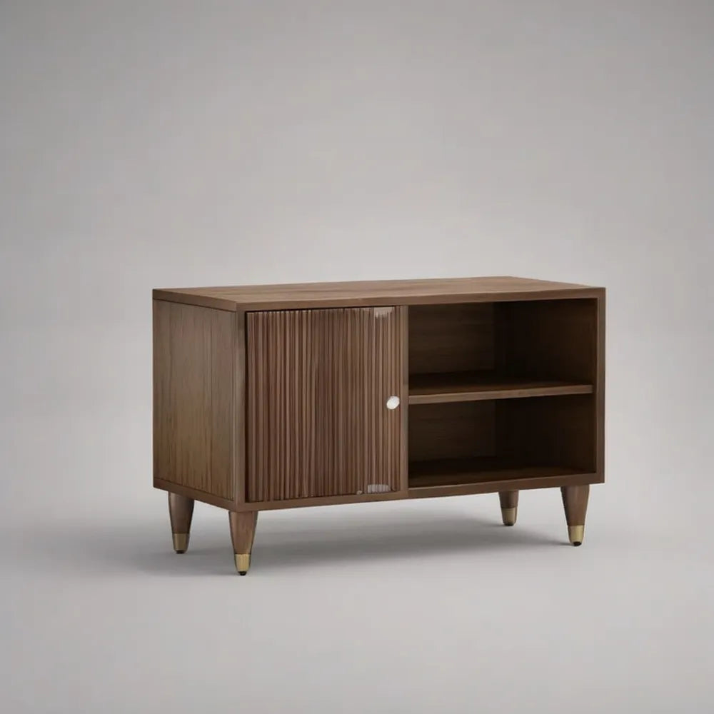 Szafka TV 120 x 40 x 60 cm w MDF efekt ciemnego orzecha włoskiego z drzwiami i otwartych półkach