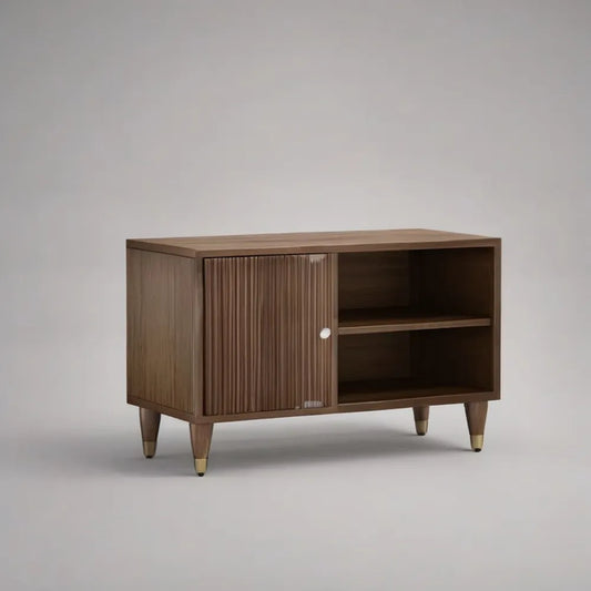 Szafka TV 120 x 40 x 60 cm w MDF efekt ciemnego orzecha włoskiego z drzwiami i otwartych półkach
