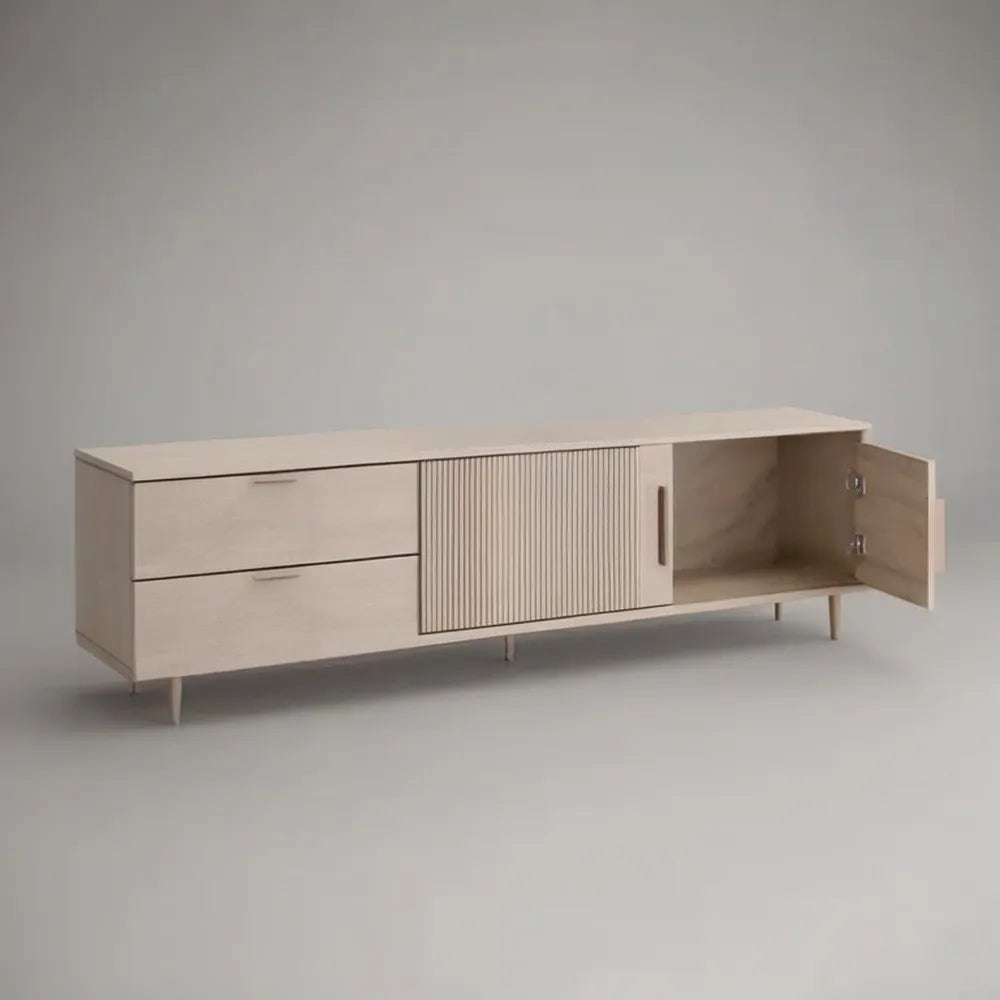 Szafka RTV, Pokój dzienny TV 220x40x55 cm Efekt lekkiego dębu MDF z drzwiami i przegródkami magazynowymi