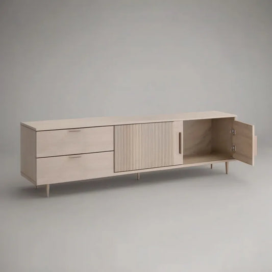 Szafka RTV, Pokój dzienny TV 220x40x55 cm Efekt lekkiego dębu MDF z drzwiami i przegródkami magazynowymi