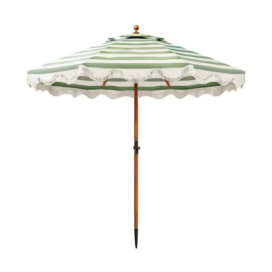 Parasol z drewnianym łodygą Ø 200 cm poliester paski okrągłe zielone białe