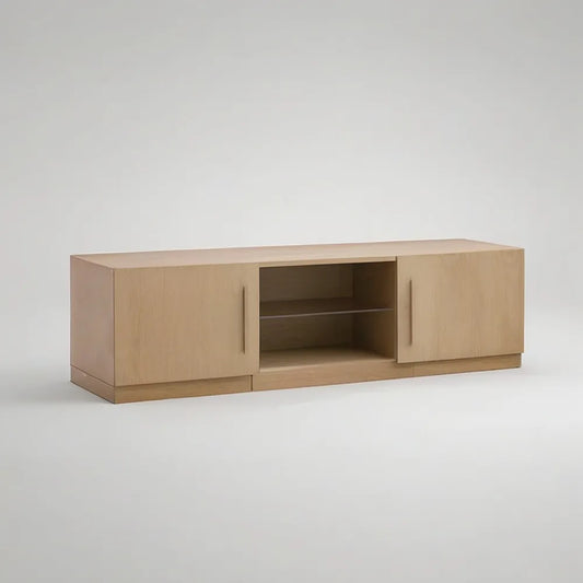 Szafka RTV, Salon Szafa TV 180x40x45 cm w drewnie z lekkim dębem z drzwiami i półką ze szkła