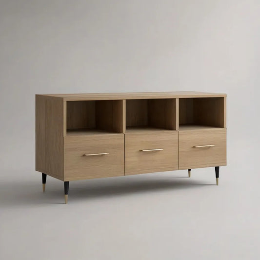 Szafka telewizyjna 180x40x60 cm w MDF z naturalnym efektem dębu z trzema szufladami i otwartymi przegródkami
