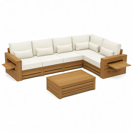 Sofa ogrodowa, 6- osobowy salon ogrodowy zestaw z litego teku kształt litery L charakter z kolorowej poduszek poliestrowych 300 x 230 x 75 cm