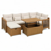 Sofa ogrodowa, Zestaw do siedzenia ogrodowego z drewna acacia z narożną kanapą do podnoszenia stołów Beżowa powierzchnia magazynowa 220 x 220 cm