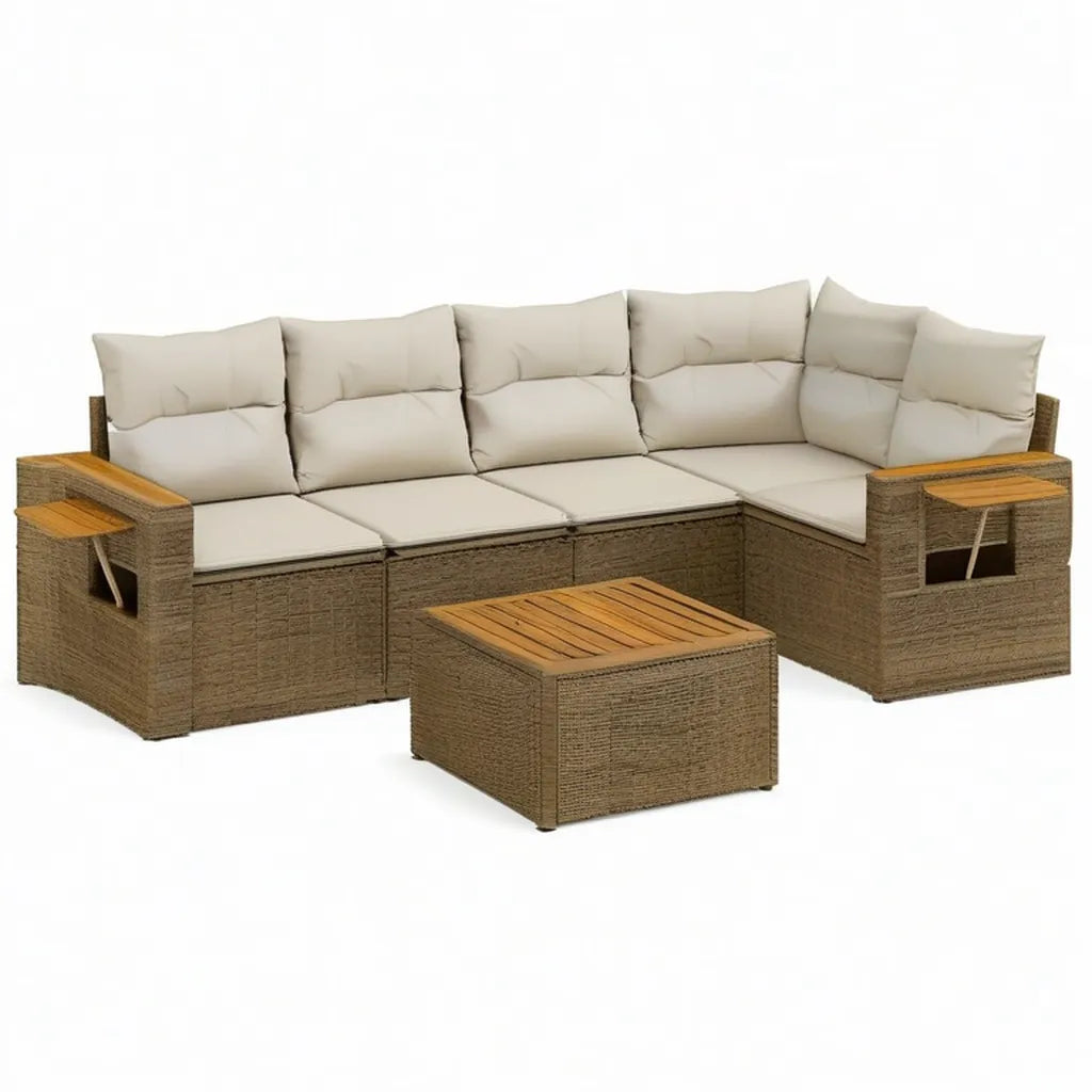 Sofa ogrodowa, Ogrodowa sofa narożny salon zestaw 3- część ze stołem i składaną półką Polirattan acacia drewna kształt litery L brązowy beżowy 250 x 190 x 85 cm
