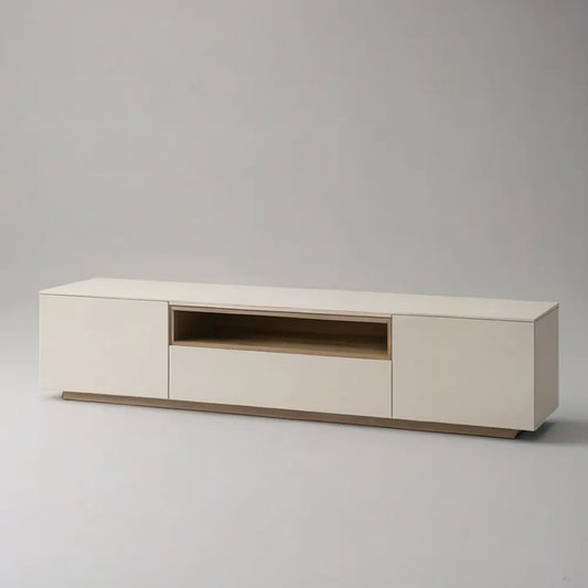 Szafka TV niska 200 x 40 x 45 cm w kolorze białym MDF z drzwiami i otwartym komorą efekt naturalne drewno