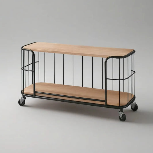 Szafka TV 140 x 40 x 55 cm w naturalnym dębie z konstrukcją ze stali czarnej i kół
