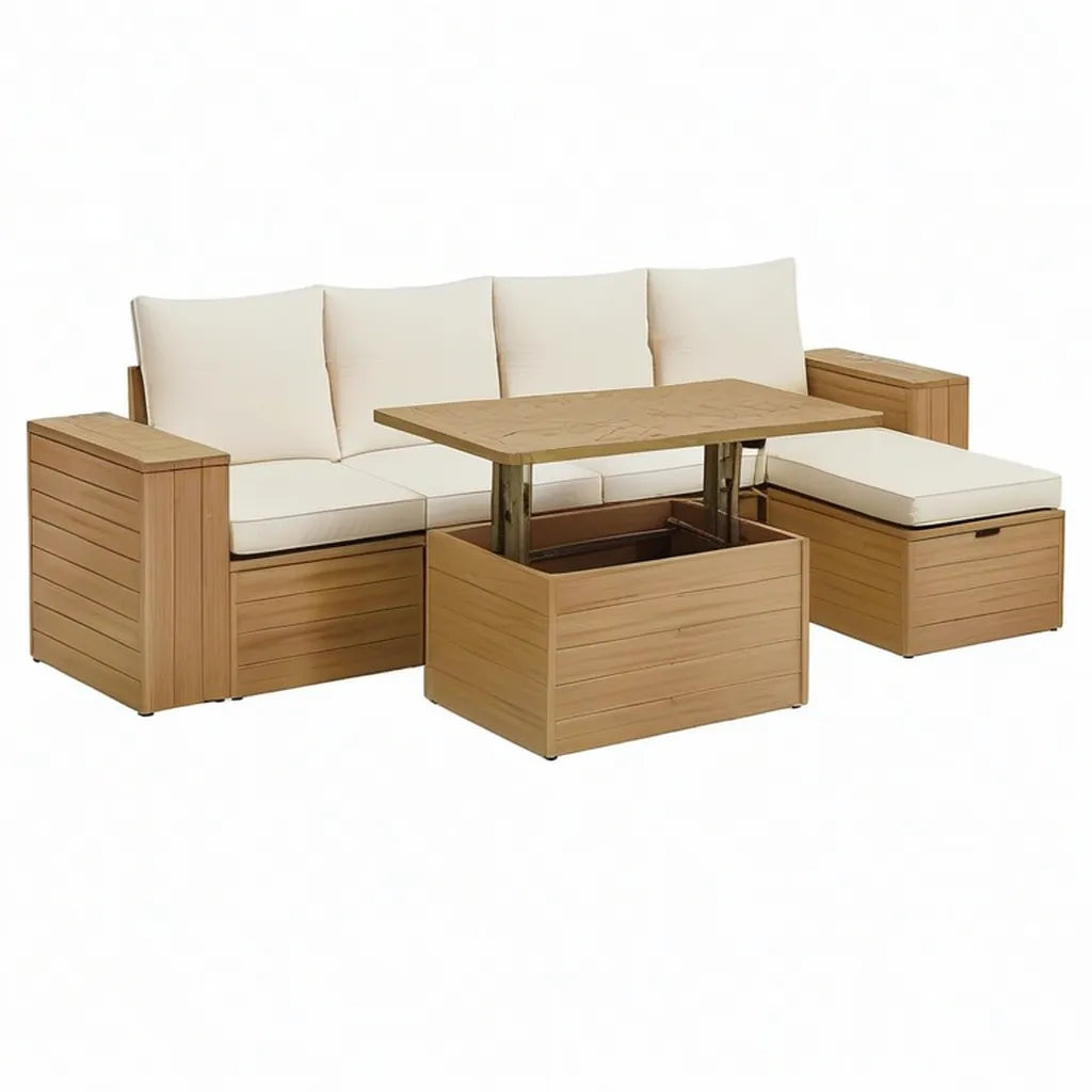 Sofa ogrodowa, Zestaw do salonu ogrodowego z litego drewna acacia z regulowanym stołem beżowym 200 x 68 x 68 cm