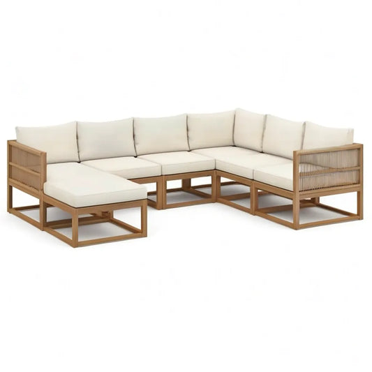 Sofa ogrodowa, Ogrodowa sofa narożna 5 części z drewna acacia z poduszką poliestrową w beżowym 285 x 285 x 75 cm