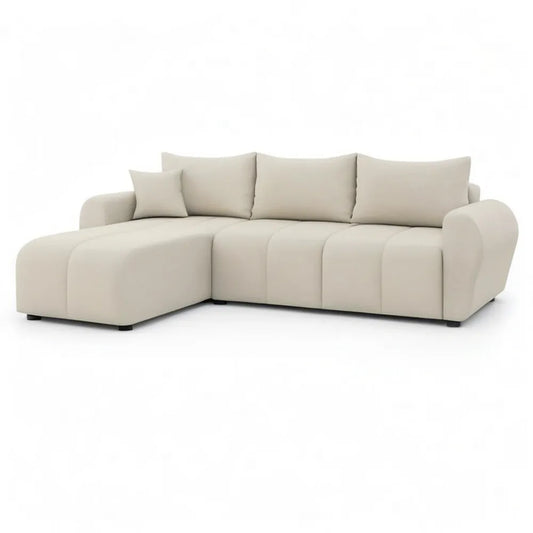 Sofa, Kanapa narożna 250 x 160 x 85 cm poliestrowa tkanina pokrywająca krem z ottomanem i poduszką