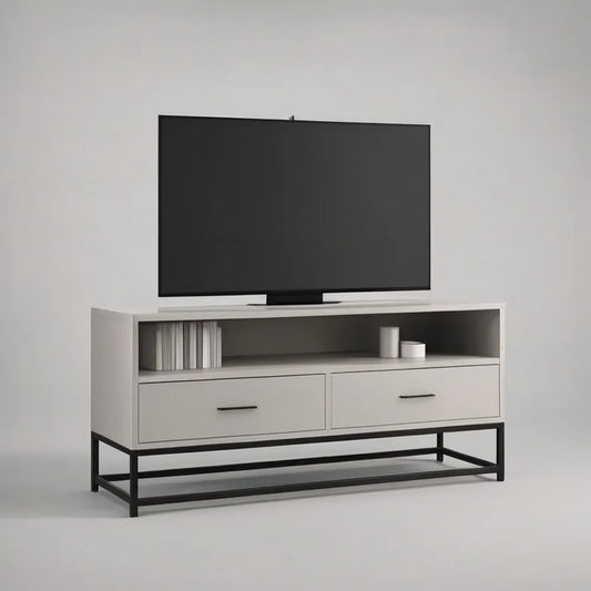 Szafka RTV, Czarno-biała szafa z drewnianą TV 180 x 40 x 55 cm z otwartą szufladą i stalową ramą