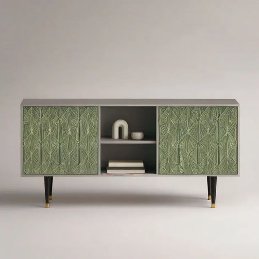 Szafka RTV, Salon Szara MDF z szafką na telewizor 180x40x60 cm z dekoracyjnymi, zielonymi drzwiami i otwartą komorą