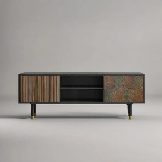 Szafka TV 180 x 40 x 55 cm w kolorze czarnym MDF z dekoracyjnymi drzwiami skutkuje drewnem i otwartym przedziałem