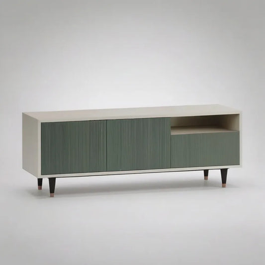 Szafka RTV, Salon TV 200x40x55 cm w szałwii zielonej MDF z drzwiami kontenerowymi i otwartym przedziałem